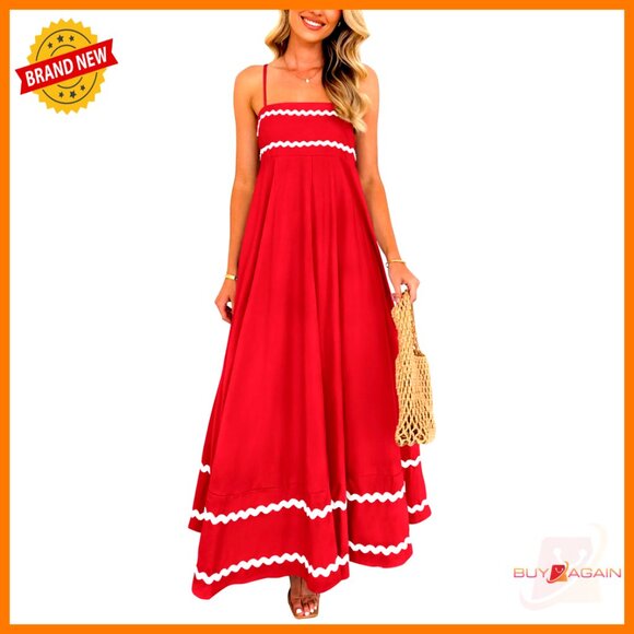 Dresses & Skirts - Flowy Maxi Dress Sleeveless Spaghetti Strap Ruffle Boho Beach Casual Elegant
